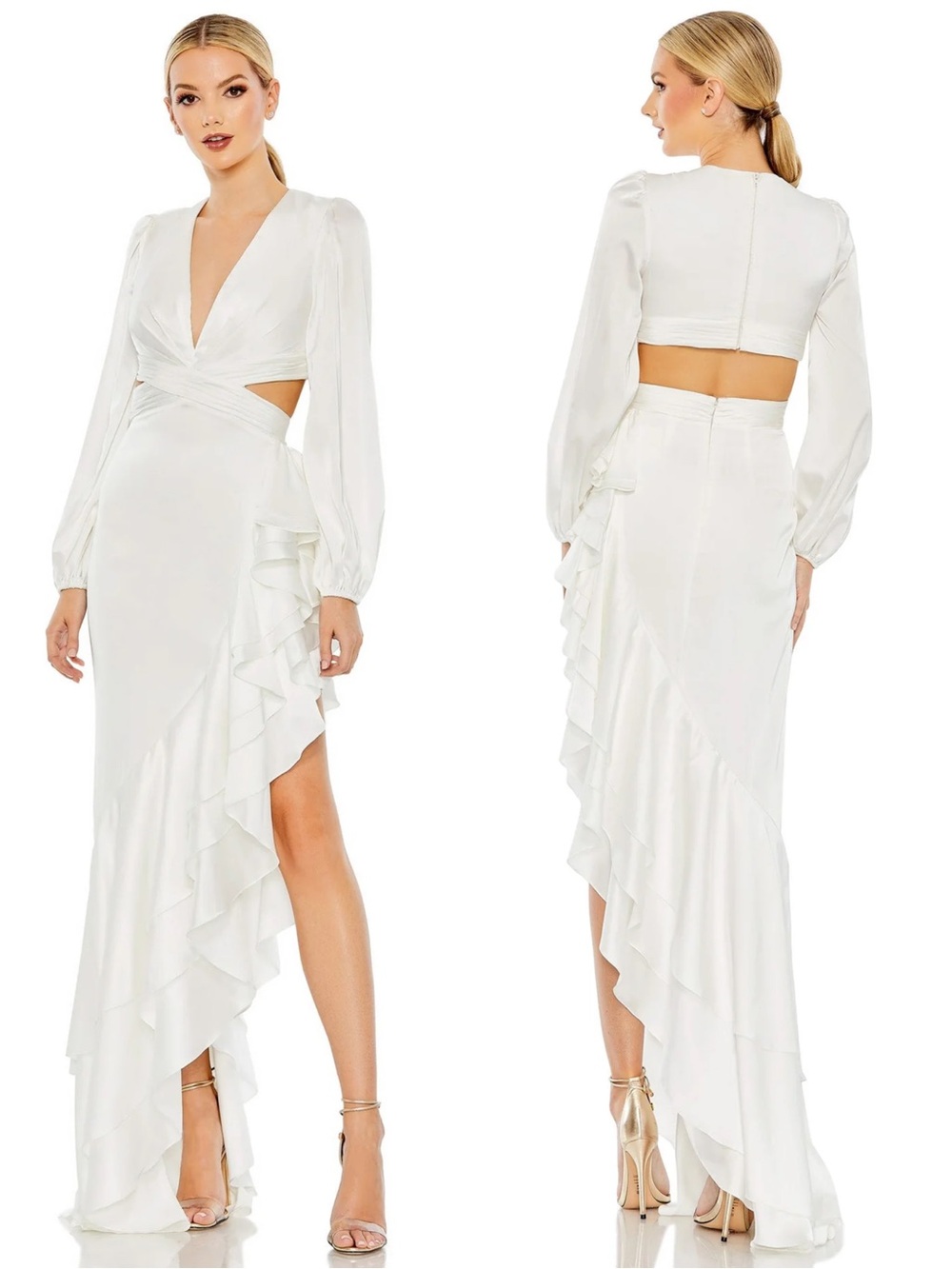 IEENA FOR MAC DUGGAL Asymmetrical Long Sleeve Gown Maxi Dress 49524 NWT $398